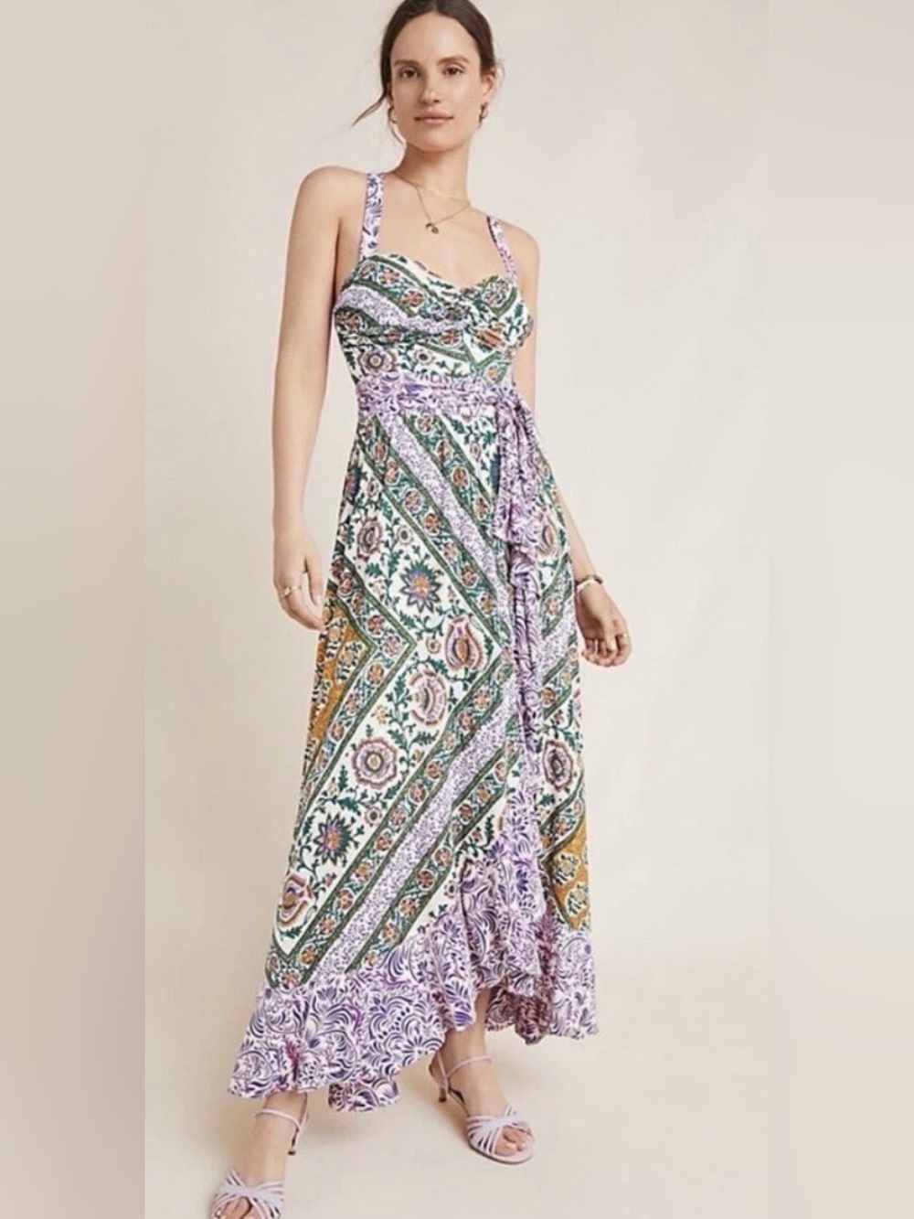 Anthropologie Maeve Lavender, Green & Gold Printed Wrap Maxi Dress
